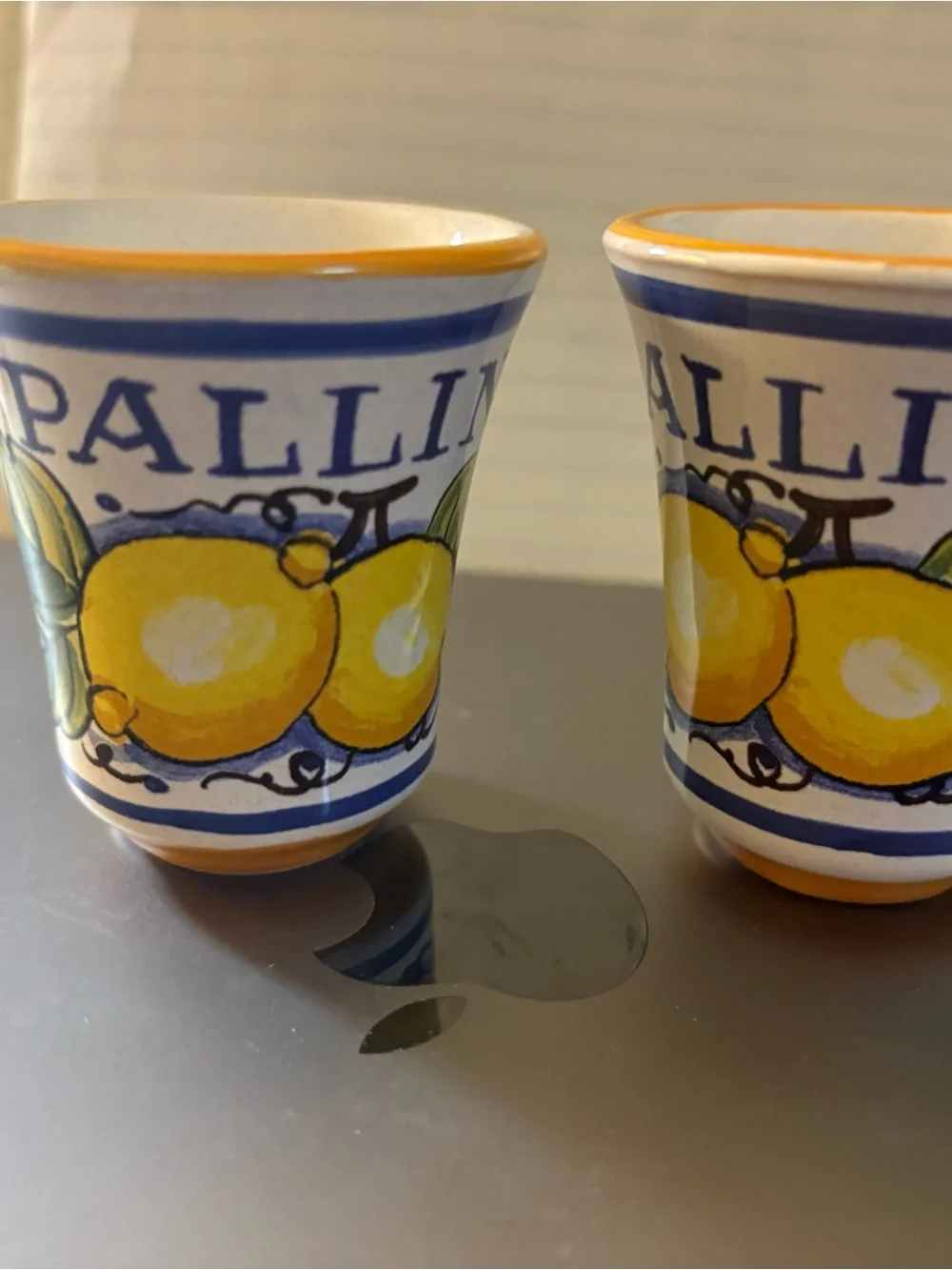 Hand-Painted Limoncello Lemon Pallini Ceramic Shot Glasses - Blue & Yellow